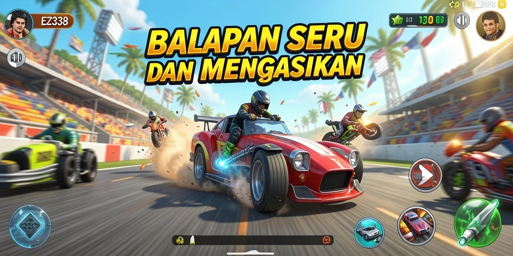 Screenshot gameplay EZ338 menampilkan aksi balapan yang seru dan intens.