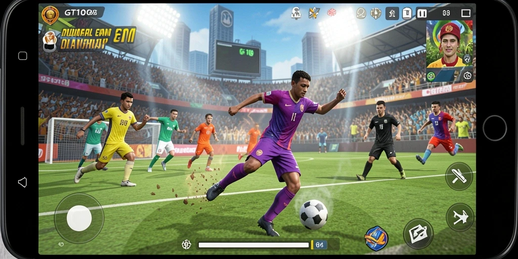 Tangkapan layar utama GT108 menampilkan pertandingan olahraga yang dinamis.