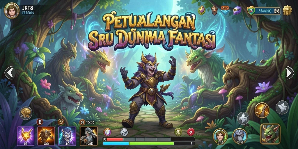 Screenshot gameplay JKT8 menampilkan karakter menjelajahi hutan yang indah.
