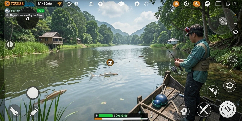 Screenshot TO288 menampilkan momen seru dalam memancing di lautan.