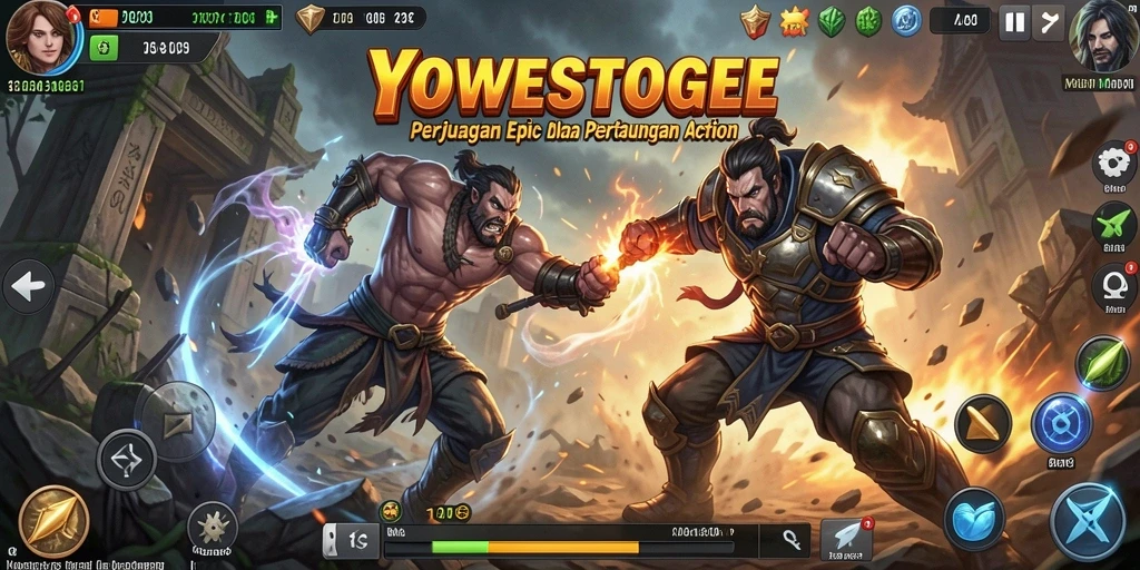 Tampilan gameplay seru YOWESTOGEL dengan berbagai karakter bertarung.