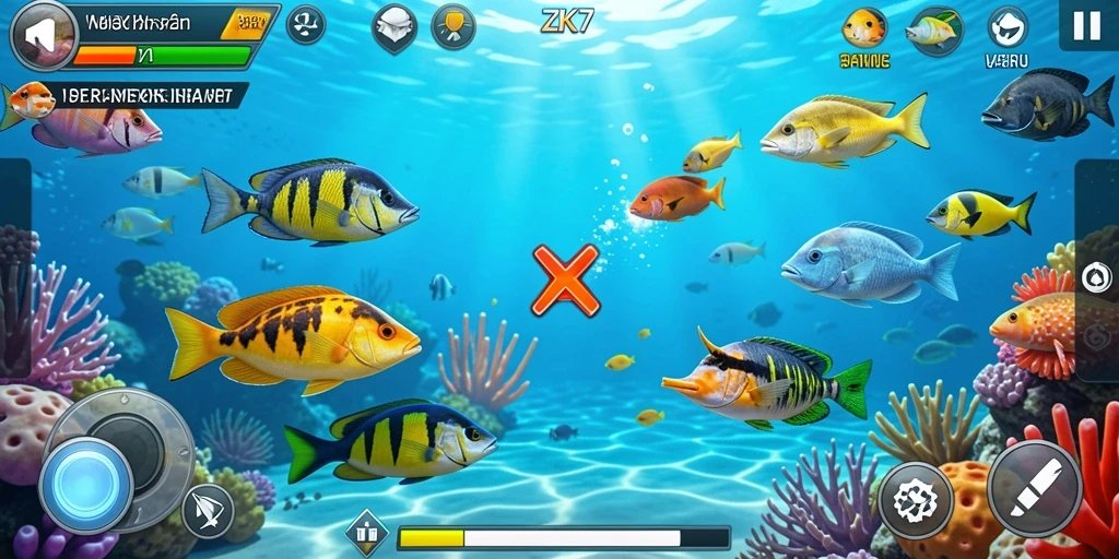 Tangkapan layar gameplay ZK7 memperlihatkan aksi tembak ikan yang seru.